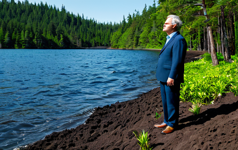A professional scientist, fully clothed in modest, professional business casual attire, standing in a contemplative pose. The scene depicts a harmonious balance of Earth's natural carbon reservoirs: on one side, a vast, clear blue ocean with gentle waves under a bright sky, and on the other, a lush, vibrant temperate forest with tall, healthy trees and rich, dark soil. The lighting is soft and natural, highlighting the intricate details of the ecosystems. Perfect anatomy, correct proportions, natural pose, well-formed hands, proper finger count, natural body proportions, safe for work, appropriate content, fully clothed, professional image, high quality, realistic.