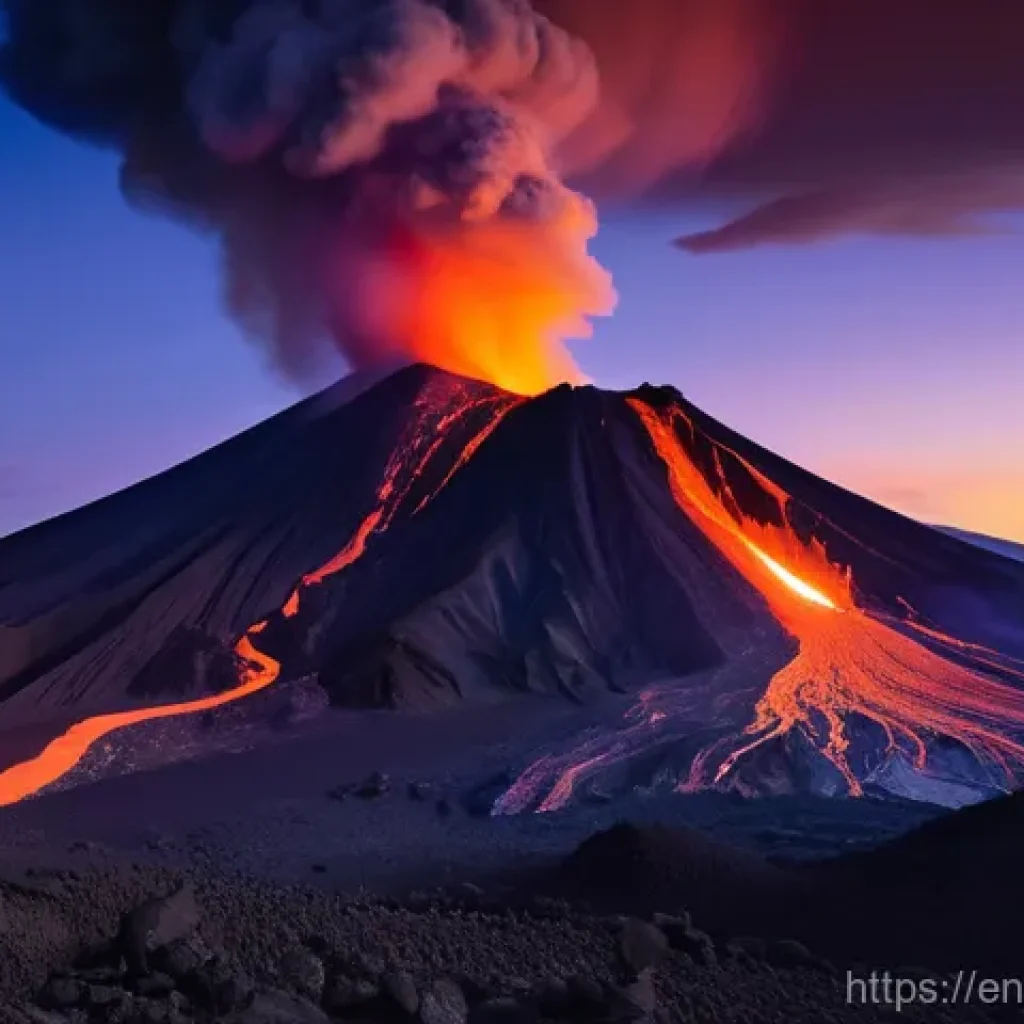 지구과학과 천문학 - **Prompt:** A majestic and active volcanic landscape at twilight, showcasing the raw, primal energy ...