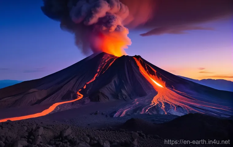 지구과학과 천문학 - **Prompt:** A majestic and active volcanic landscape at twilight, showcasing the raw, primal energy ...
