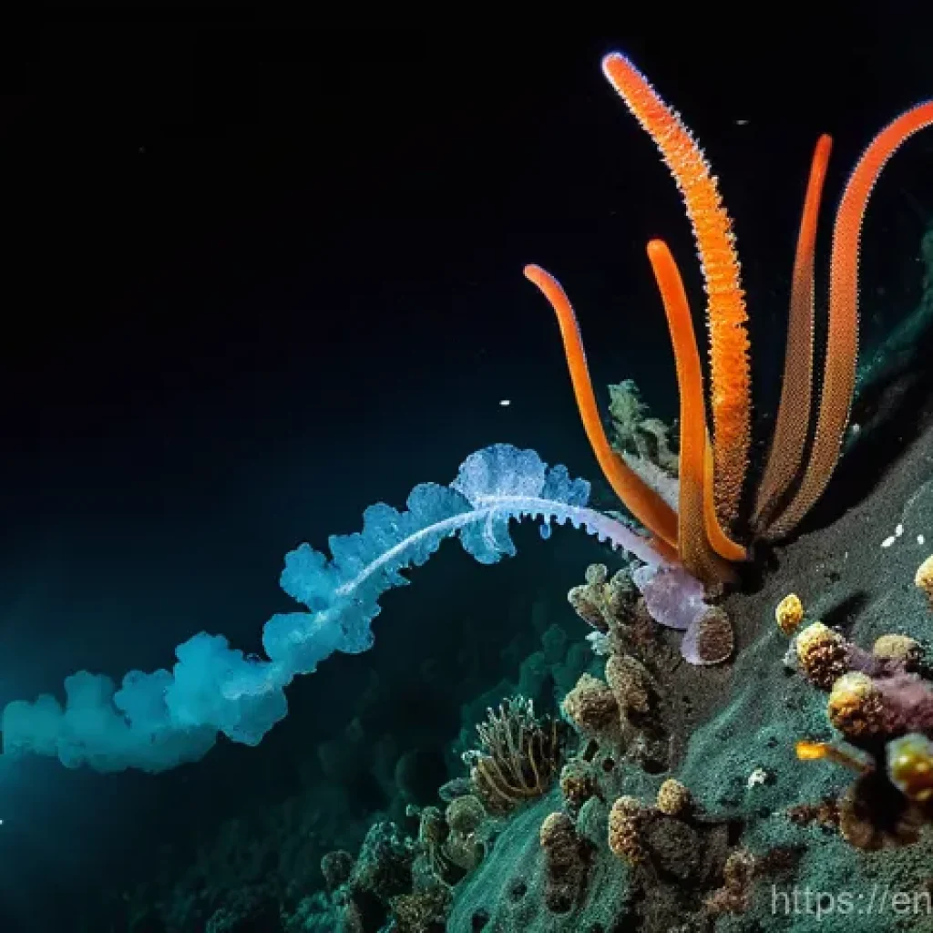지구과학과 해저 열수구 - **Prompt:** A wide-angle, cinematic shot from the perspective of a deep-sea submersible's viewport, ...