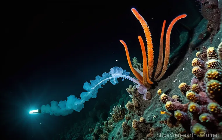지구과학과 해저 열수구 - **Prompt:** A wide-angle, cinematic shot from the perspective of a deep-sea submersible's viewport, ...