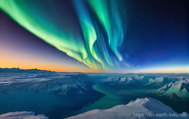 지구과학과 대기권 구조 - **Prompt:** "An ethereal, panoramic view of Earth's atmospheric layers, visually distinct and glowin...