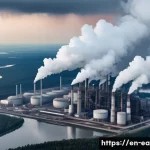 지구과학과 산성비 - A detailed aerial view of an industrial cityscape with large coal-fired power plants emitting thick ...