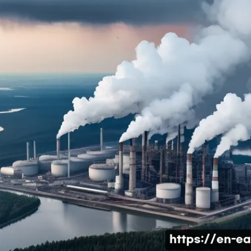 지구과학과 산성비 - A detailed aerial view of an industrial cityscape with large coal-fired power plants emitting thick ...