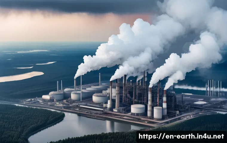 지구과학과 산성비 - A detailed aerial view of an industrial cityscape with large coal-fired power plants emitting thick ...
