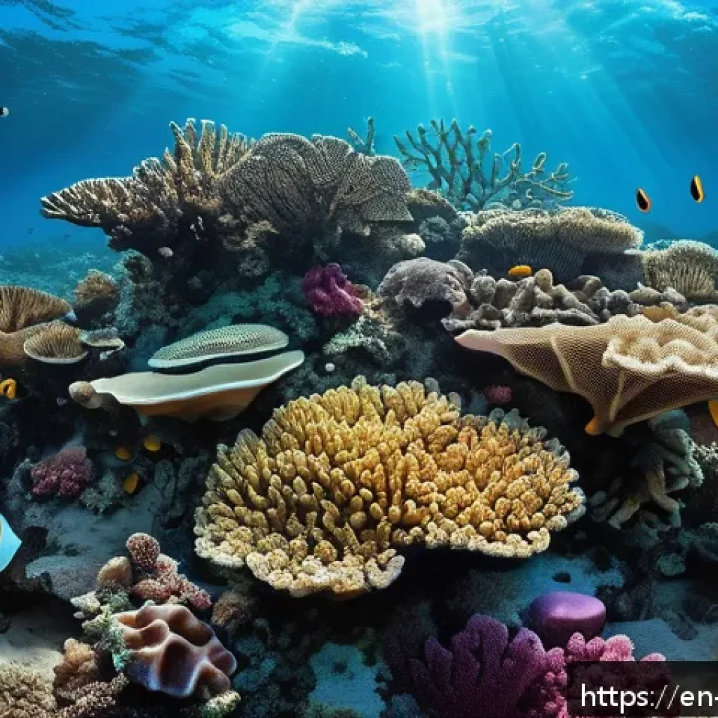 지구과학과 해양 산성화 - A detailed underwater scene showing a vibrant coral reef struggling with ocean acidification: colorf...