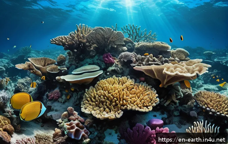 지구과학과 해양 산성화 - A detailed underwater scene showing a vibrant coral reef struggling with ocean acidification: colorf...
