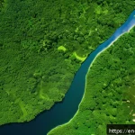 지구과학과 지속 가능성 연구 - A high-resolution satellite view of the Amazon rainforest showing vast areas of dense green canopy a...