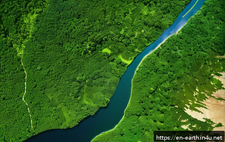 지구과학과 지속 가능성 연구 - A high-resolution satellite view of the Amazon rainforest showing vast areas of dense green canopy a...