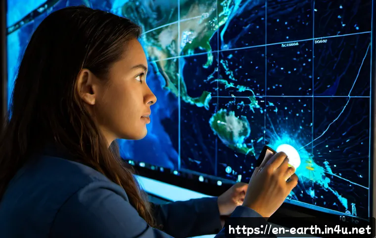 지구과학 데이터 분석 - Photorealistic Earth science data analysis laboratory at night, a diverse female geoscientist studyi...