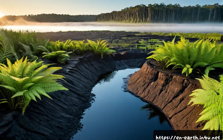 지구과학과 석탄 형성 - Photorealistic educational earth science scene, a clean cross-section of an ancient swamp landscape ...